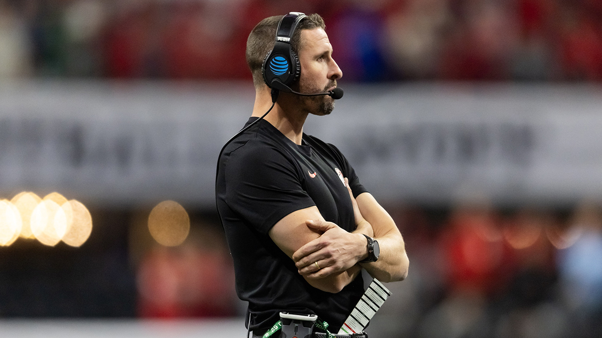 Jan 20, 2025; Atlanta, GA, USA; Ohio State Buckeyes wide receivers coach Brian Hartline against the Notre Dame Fighting Irish during the CFP National Championship college football game at Mercedes-Benz Stadium. Mandatory Credit: Mark J. Rebilas-Imagn Images