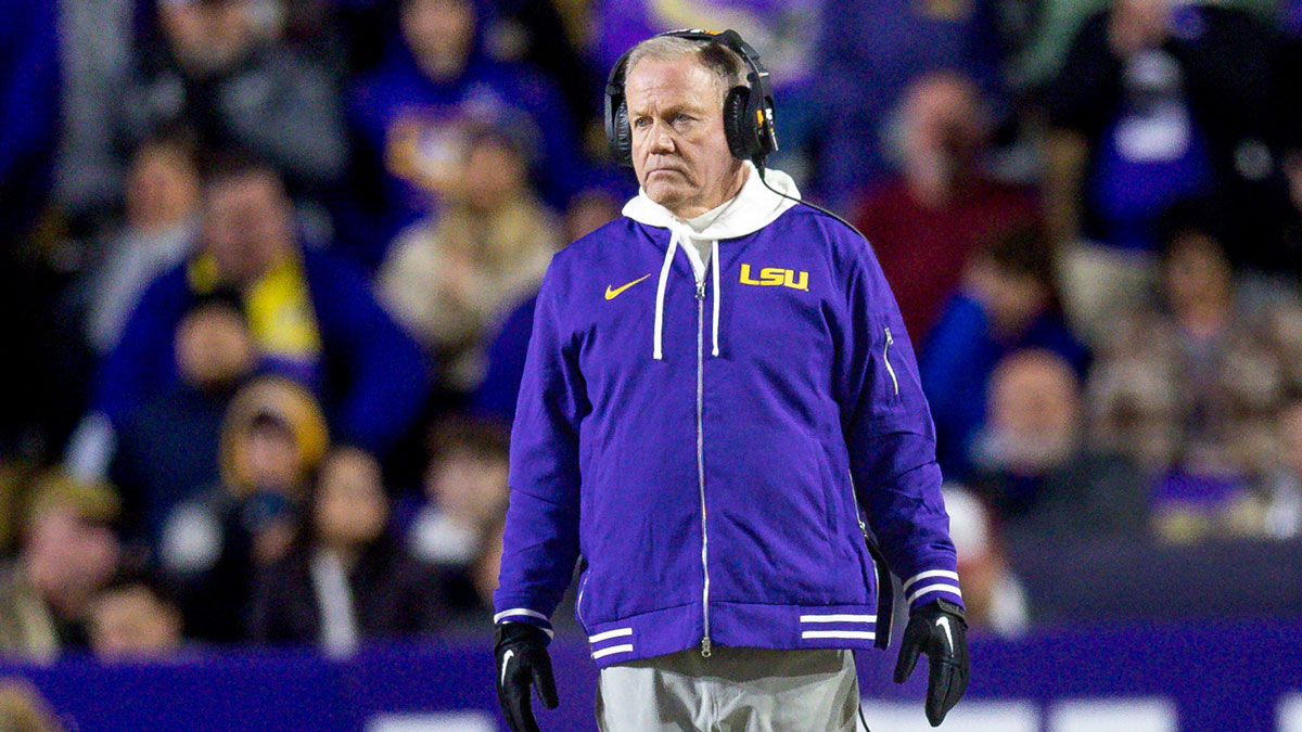 LSU Tigers head coach Brian Kelly looks on against the Oklahoma Sooners during the fourth quarter at Tiger Stadium.