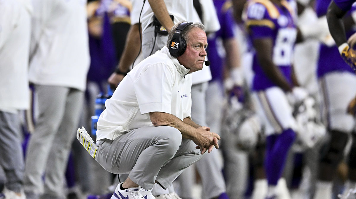 LSU Tigers head coach Brian Kelly looks on during the second half against the Baylor Bears at NRG Stadium. The Tigers defeat the Bears 44-31.