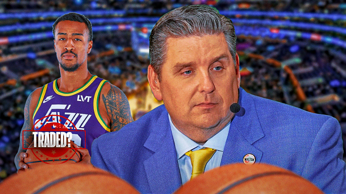 NBA insider Brian Windhorst with John Collins next to him, with a stamp mark that says "Traded?" over Collins.