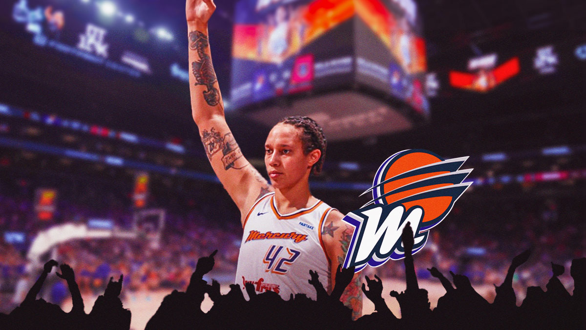 Brittney Griner in a Mercury jersey, waving goodbye. There are also silhouettes of fans below her, and the Mercury logo next to her, with a background of the Mercury’s home arena.