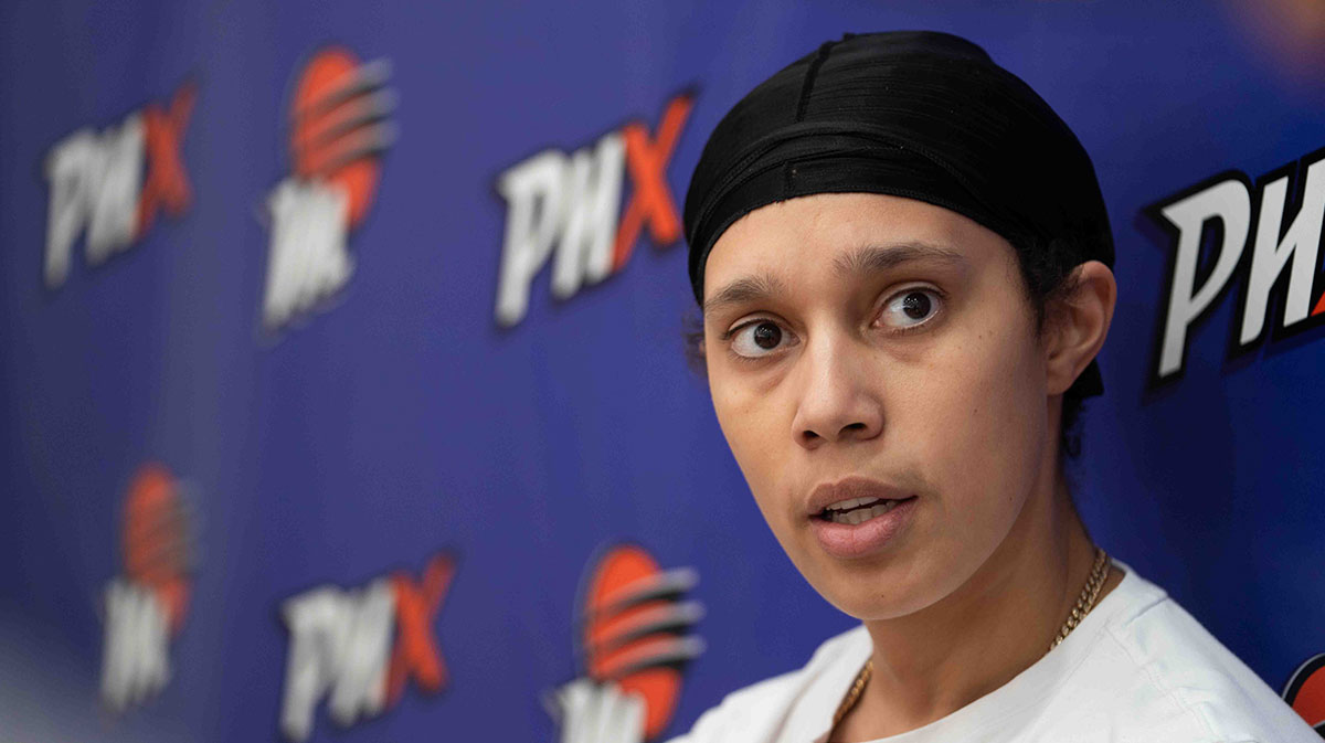 Brittney Griner speaks to members of the media at Player 15 HQ in Phoenix on Sept. 26, 2024.