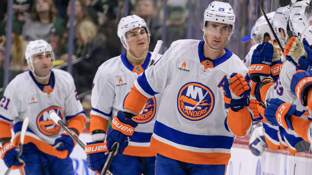 New York Islanders forward Brock Nelson (29) celebrates his goal against the Minnesota Wild during the second period at Xcel Energy Center