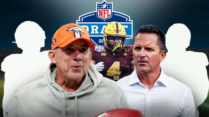 Broncos GM George Paton and HC Sean Payton both smiling. 2025 NFL Draft logo in foreground or background. Grouped together, please put a SILHOUETTE of Georgia EDGE Mykel Williams, an actual photo of Arizona State HB Cam Skattebo, and a SILHOUETTE of Miami (FL) TE Elijah Arroyo. Background is NFL Draft stage.