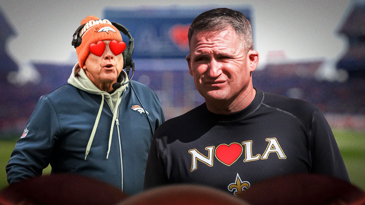 Broncos HC Sean Payton with heart eyes looking at ex-Saints interim HC Darren Rizzi. Background is Mile High Stadium.