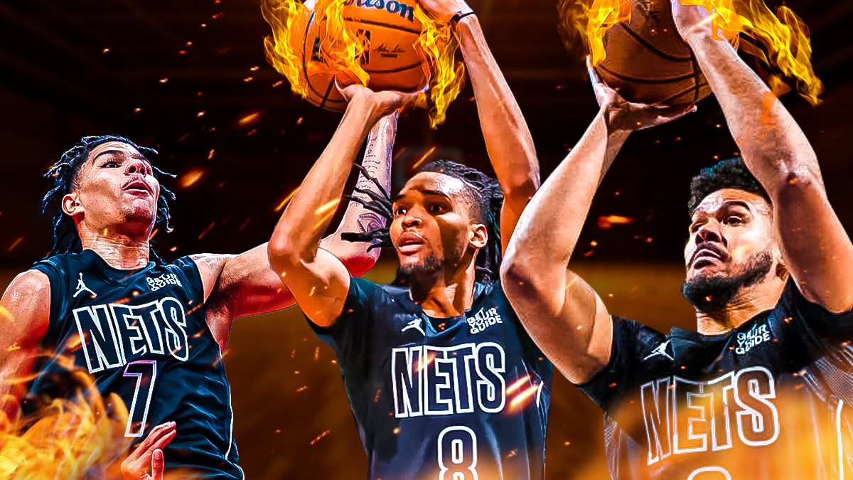 Nets' Cam Johnson, Ziaire Williams, and Killian Hayes shooting flaming basketballs