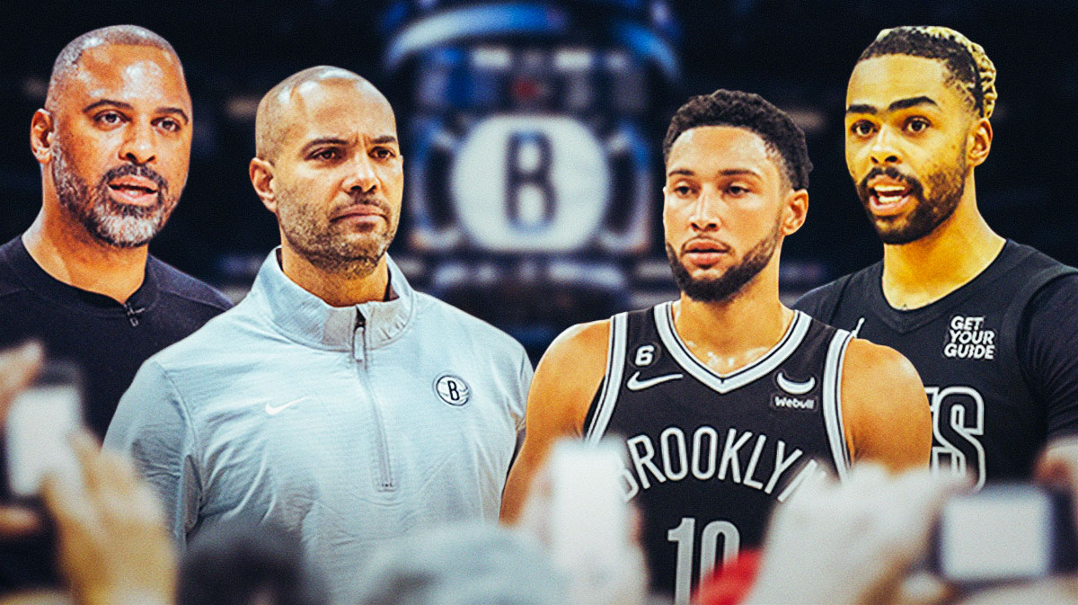 Ime Udoka on one side and Jordi Fernandez, D'Angelo Russell, and Ben Simmons on the other