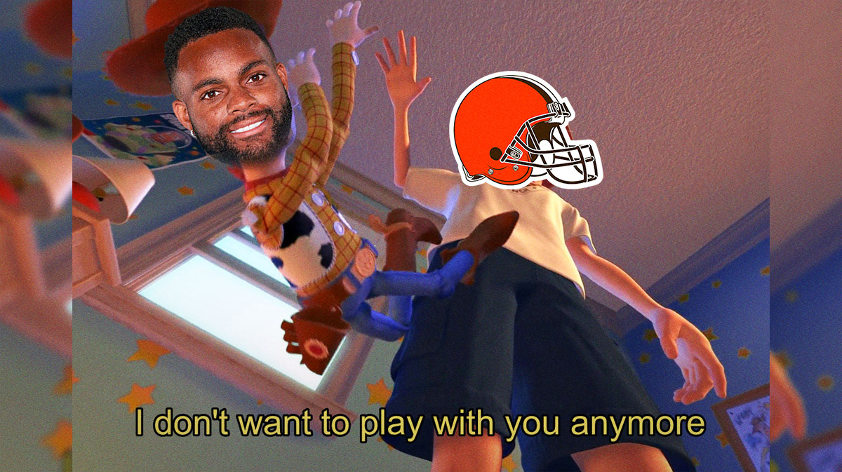 The Toy Story meme but replace Woody with silhouette of Juan Thornhill (Browns safety)