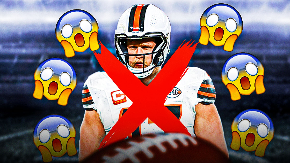 Charley Hughlett in a Cleveland Browns uniform with a red X through him and shocked face emojis around after the specialist long snapper was released by the browns, who cut the veteran.