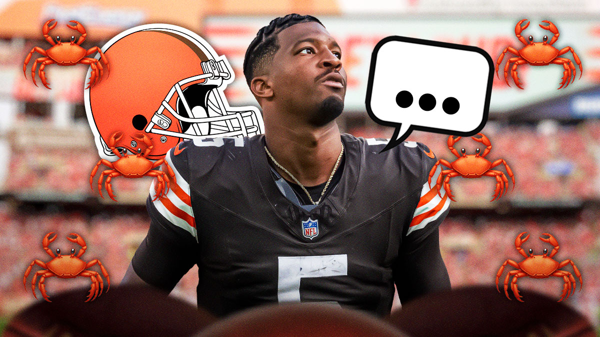 Cleveland Browns QB Jameis Winston with a speech bubble that has the three dots emoji inside. He is surrounded by crab emojis (🦀). There is also a logo for the Cleveland Browns.