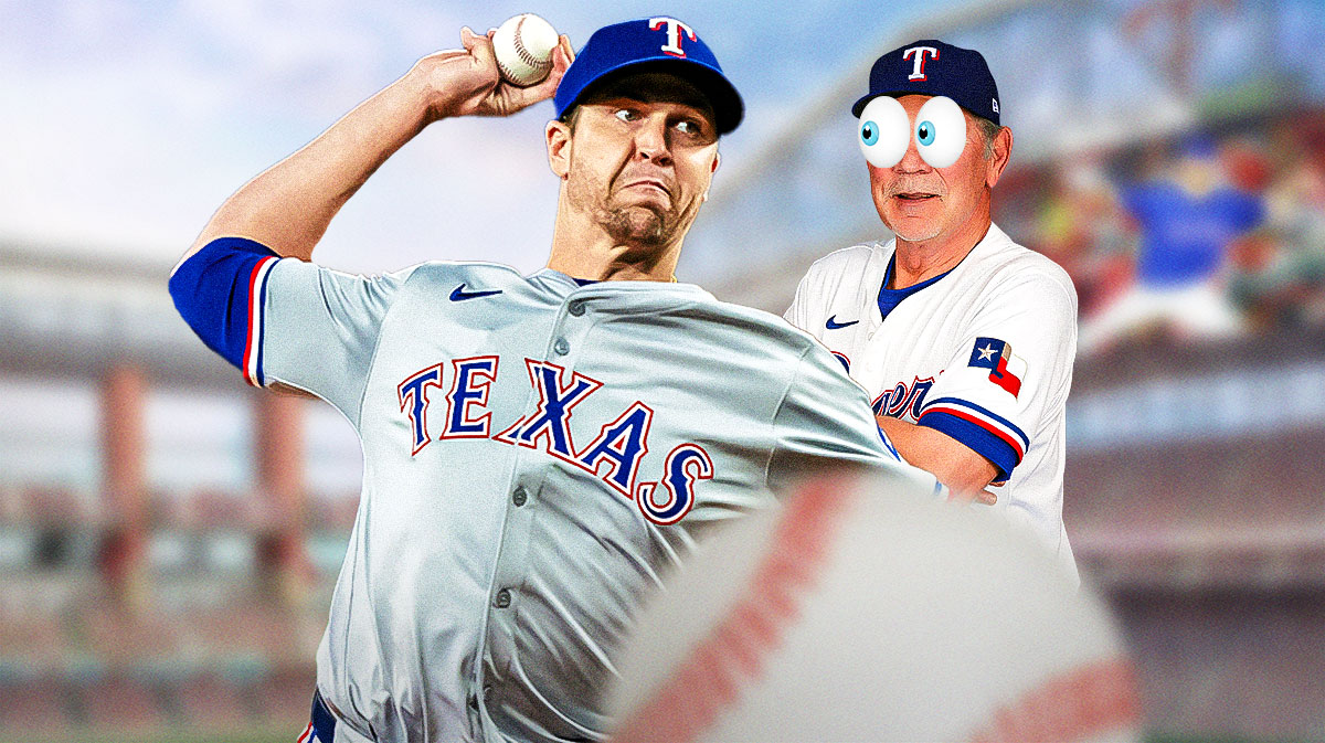 Rangers Jacob deGrom pitching a baseball on left. Rangers Bruce Bochy with eyes popping out looking at deGrom.