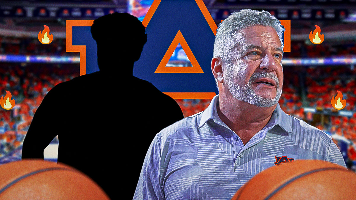 Bruce Pearl, silhouette of Dylan Cardwell, Auburn Tigers logo, fire symbols