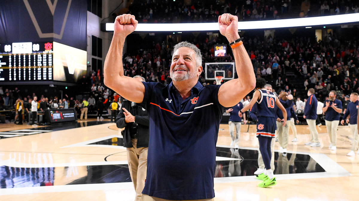 Auburn Tigers head coach Bruce Pearl waves to the crowd after the game against the Vanderbilt Commodores at Memorial Gymnasium.