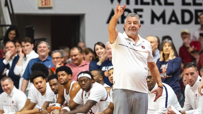 Auburn Tigers head coach Bruce Pearl directs his team against the Alabama Crimson Tide during the first half at Coleman Coliseum.