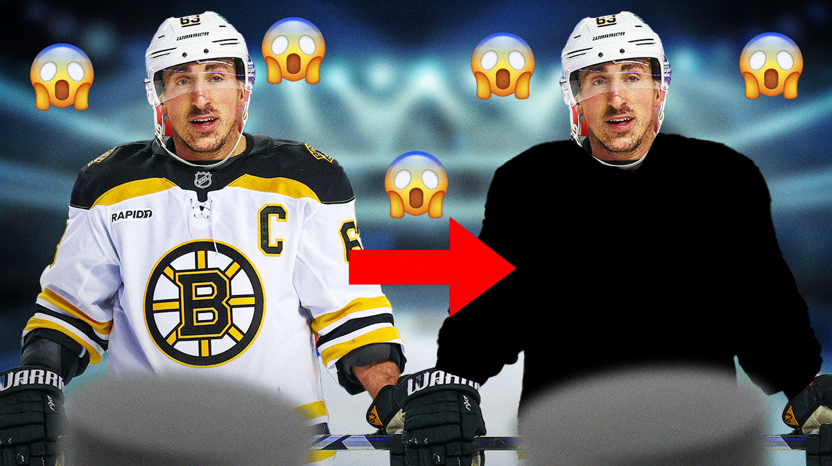 Brad Marchand on one side in a Boston Bruins uniform with an arrow pointing to Brad Marchand on the other side in a blank uniform, a bunch of shocked emojis in the background