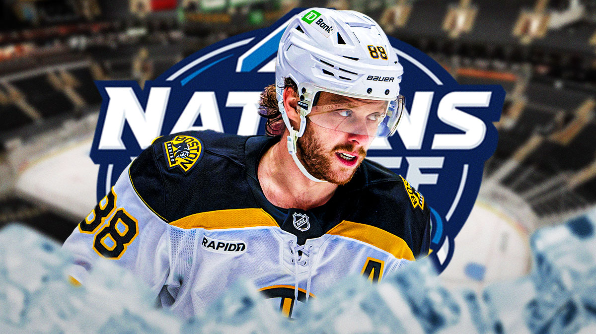 David Pastrnak looking happy, 4 Nations Face-Off logo, TD Garden in background