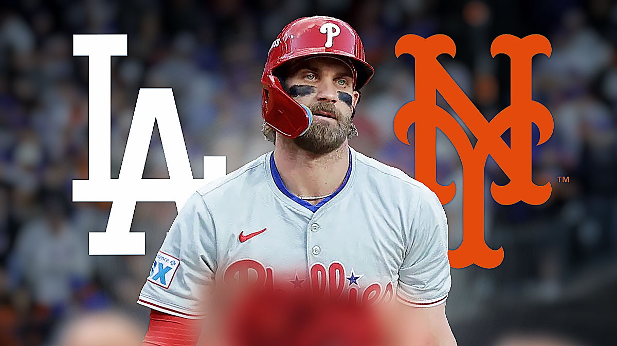Bryce Harper. Dodgers and Mets logos.