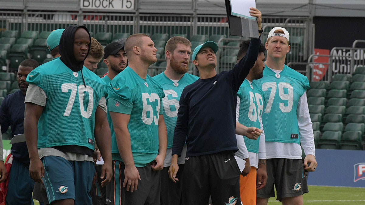 Miami Dolphins offensive quality control coach Josh Grizzard during practice at Allianz Park.