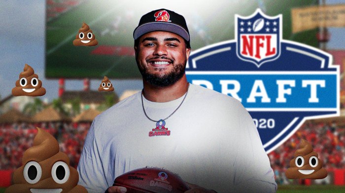 Buccaneers OL Tristan Wirfs smiling/laughing with 2020 NFL Draft logo in background. Also multiple💩 emojis throughout background. Background is Raymond James Stadium.