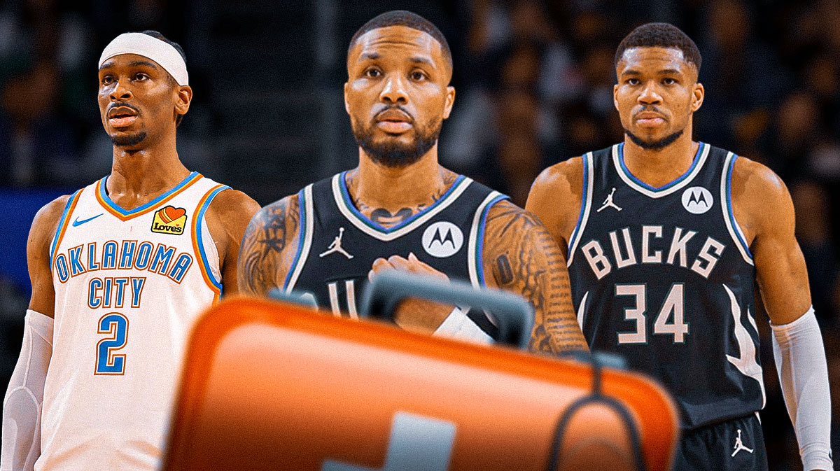 Photo: Giannis Antetokounmpo, Damian Lillard in action in Bucks jersey, medical kit beside them, Shai Gilgeous-Alexander behind them