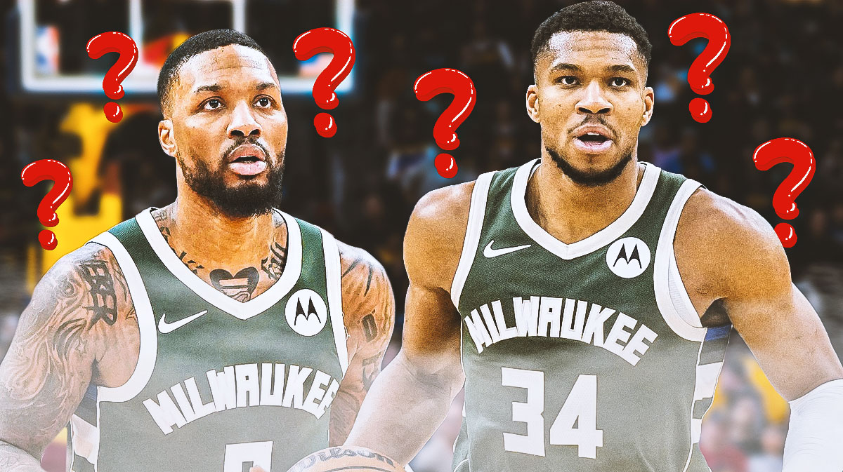 Damian Lillard and Giannis Antetokounmpo with question marks around the picture.