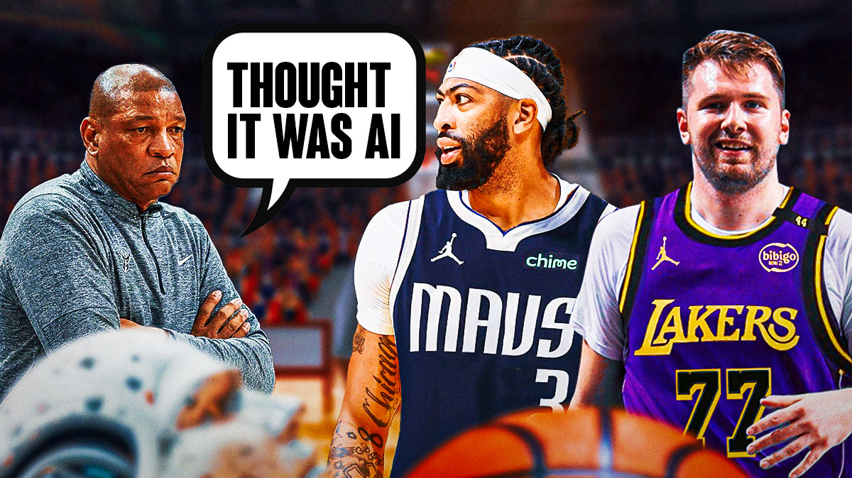 Bucks head coach Doc Rivers with a thought bubble that says “Thought it was AI” with Anthony Davis in a Mavericks jersey and Luka Doncic in a Lakers jersey.
