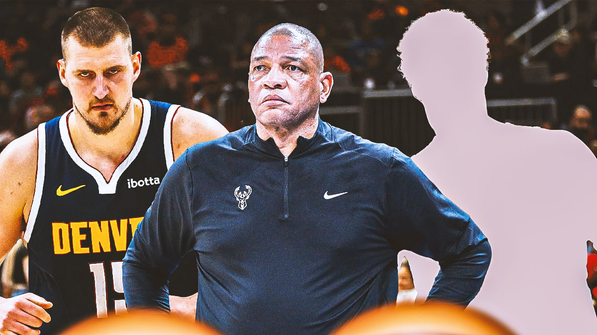 Doc Rivers in the middle of Nikola Jokic and silhouette of Brook Lopez.