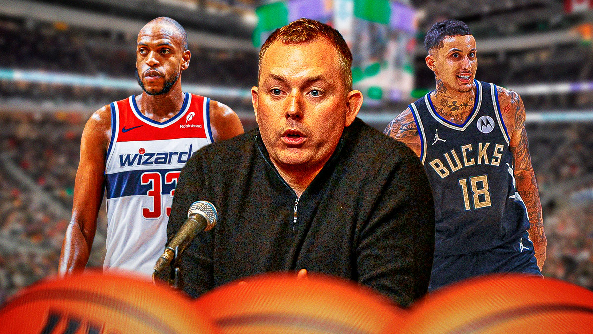 Bucks general manager Jon Horst looking confused, with Kyle Kuzma in a Bucks jersey and Khris Middleton in a Wizards jersey.