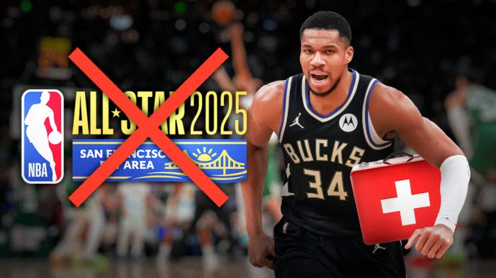 Bucks' Giannis Antetokounmpo with a first aid kit and a big red X over the 2025 NBA All-Star Game logo