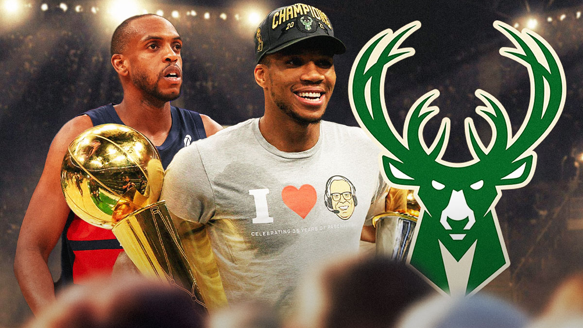 Wizards' Khris Middleton looking sad, with picture of him and Giannis Antetokounmpo holding the 2021 NBA championship with the Bucks on the side