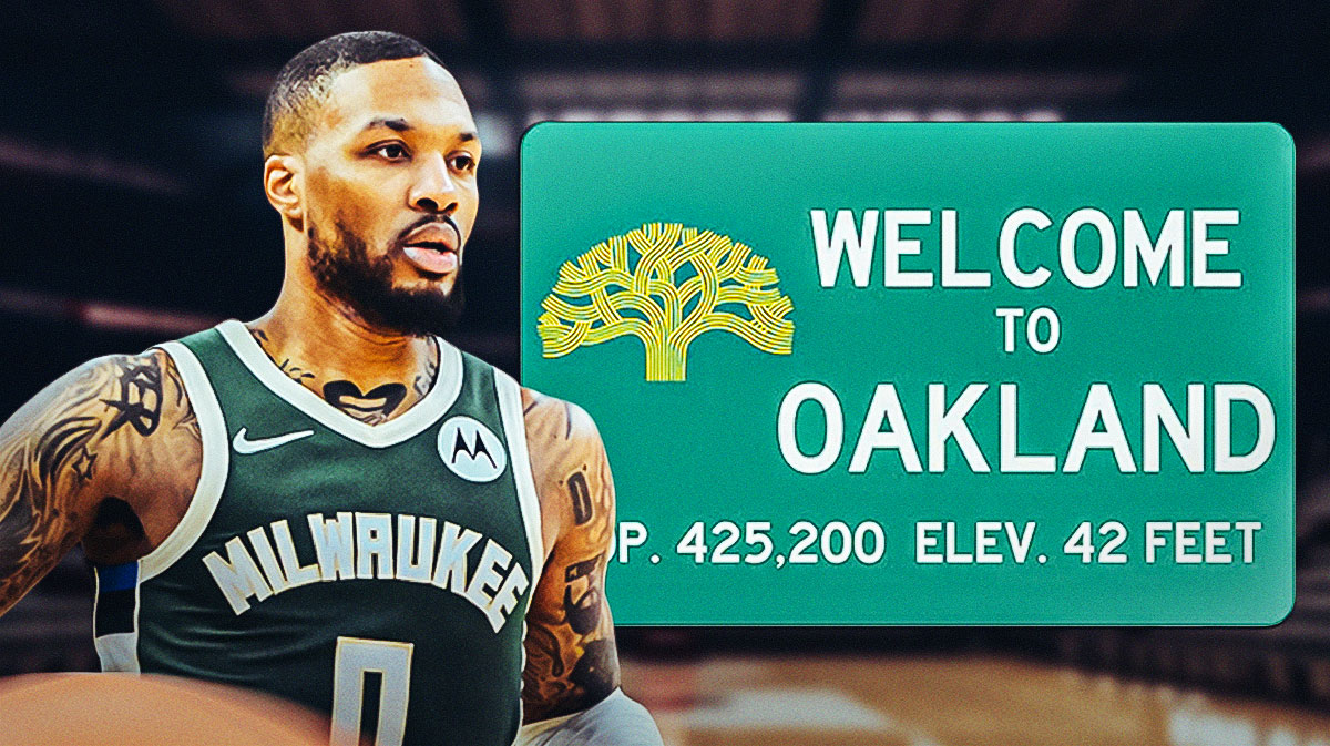 Damian Lillard in Bucks jersey beside Oakland sign