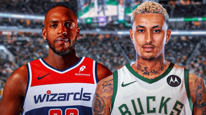 Kyle Kuzma in a Bucks jersey next to Khris Middleton in a Wizards jersey