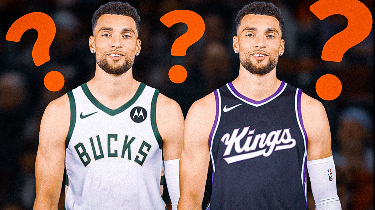 Zach LaVine in a Bucks jersey and a Kings jersey with question marks around the picture.