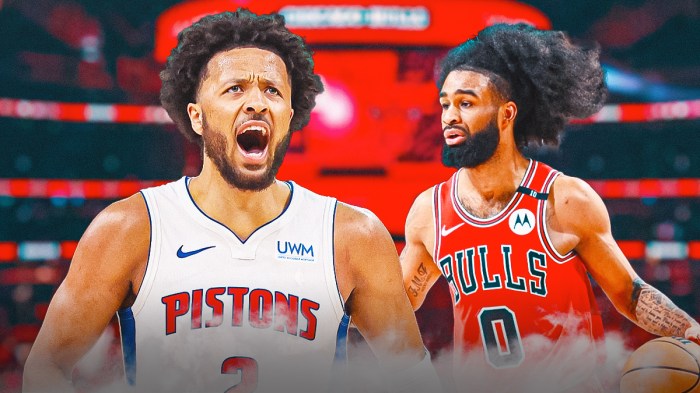 Bulls, Billy Donovan, Billy Donovan Bulls, Bulls Pistons, Pistons, Cade Cunningham looking hype, Coby White looking upsets, Bulls arena in the background