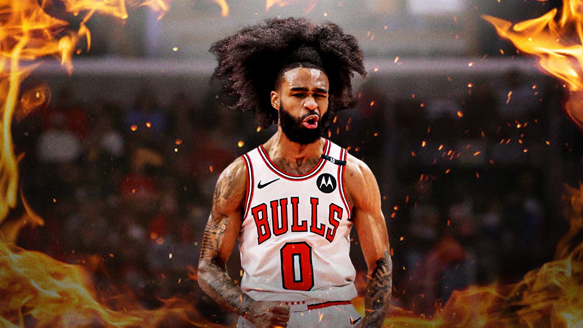 Bulls, Coby White, Billy Donovan, Raptors, Bulls Raptors, Coby White looking hype, fire on graphic, Bulls arena in the background