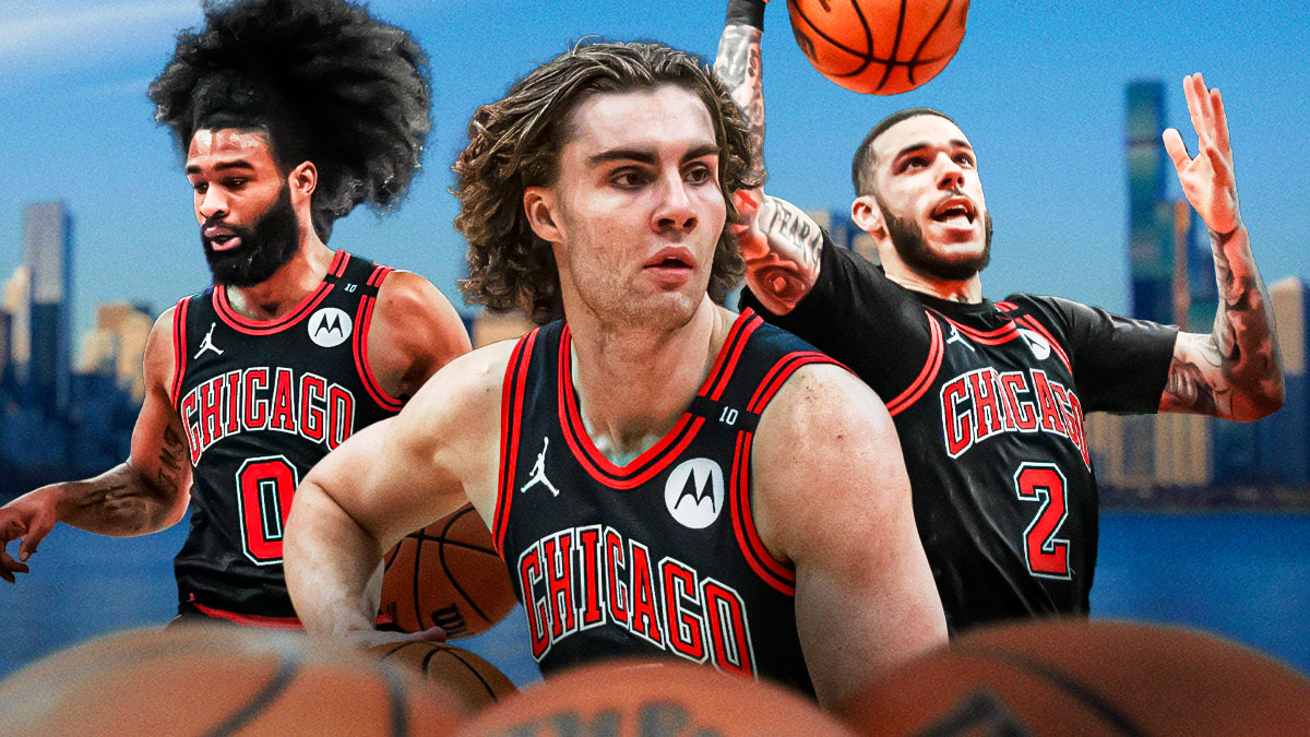 Bulls, Josh Giddey, Billy Donovan, Josh Giddey Bulls, Bulls Clippers, Josh Giddey, Coby White and Lonzo Ball in Bulls unis looking upset, Chicago skyline in the background