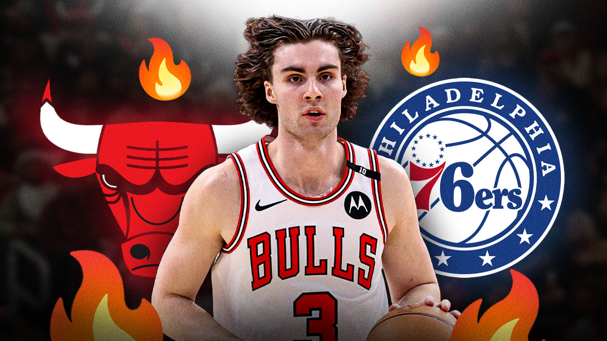 Josh Giddey, Chicago Bulls and Philadelphia 76ers logos, fire symbols