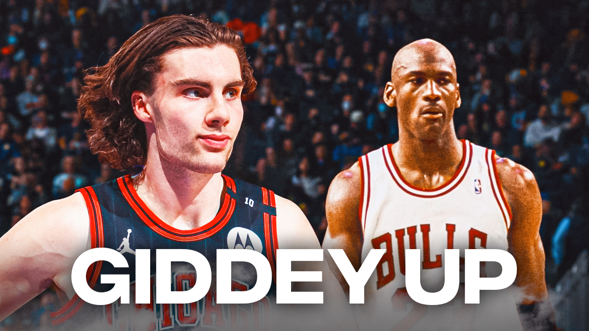 Bulls' Josh Giddey smiling alongside Michael Jordan (1993 version), with caption below: GIDDEY UP