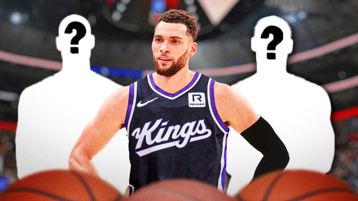 Bulls, Zach LaVine, Chris Duarte, Torrey Craig, Zach LaVine trade, Zach LaVine in Kings uni and two mystery players with Bulls arena in the background
