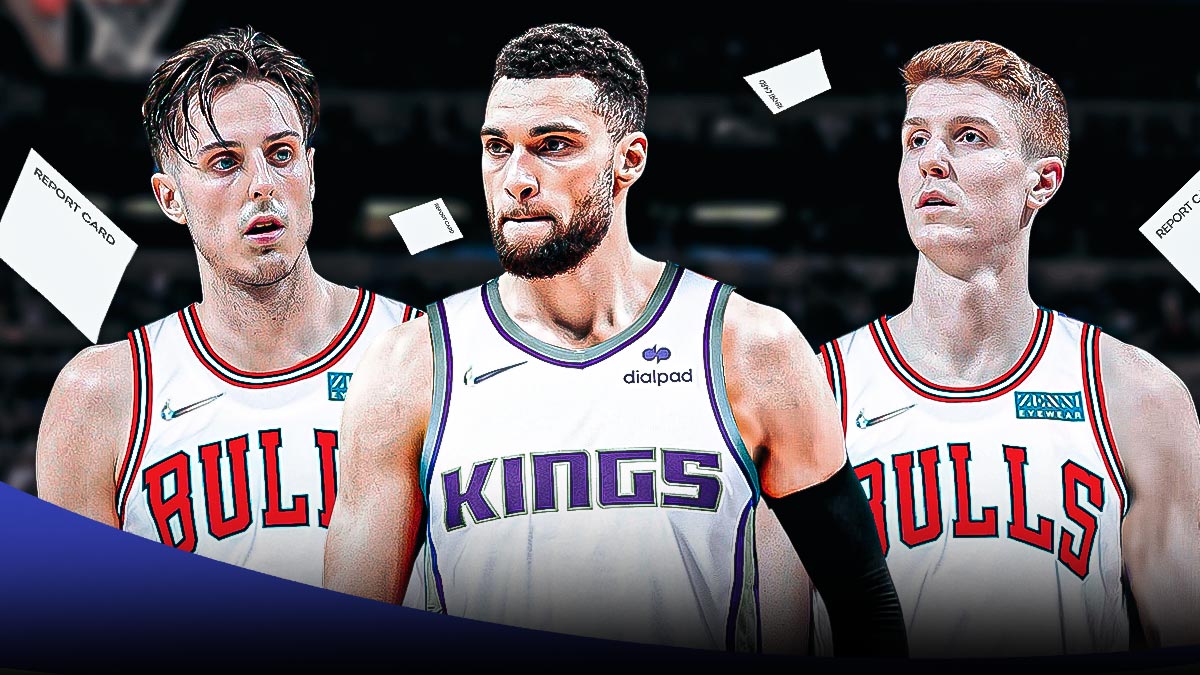 Zach LaVine in Kings uniform, Kevin Huerter and Zach Collins in Bulls uniform, question marks all over, report cards falling from the sky