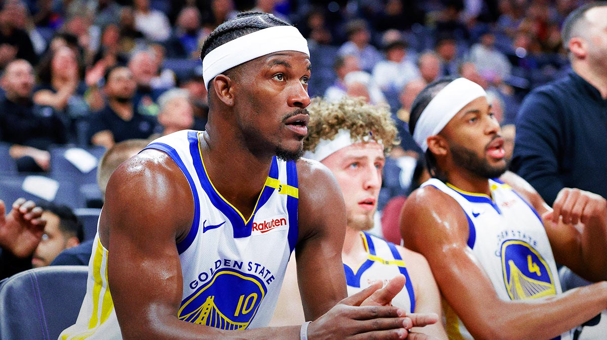 Golden State Warriors forward Jimmy Butler III (10) claps from the bench during the fourth quarter against the Sacramento Kings at Golden 1 Center. 