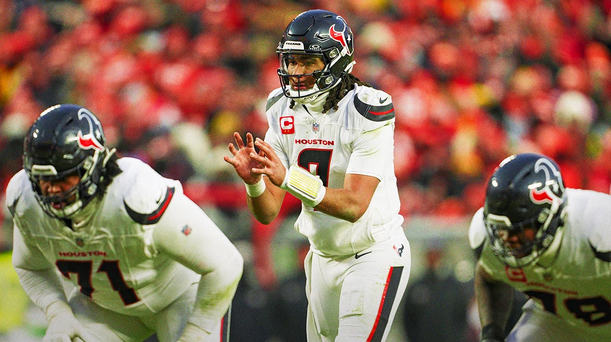 Houston Texans quarterback C.J. Stroud (7) gets ready before the snap during the second half against the Kansas City Chiefs in a 2025 AFC divisional round game at GEHA Field at Arrowhead Stadium.