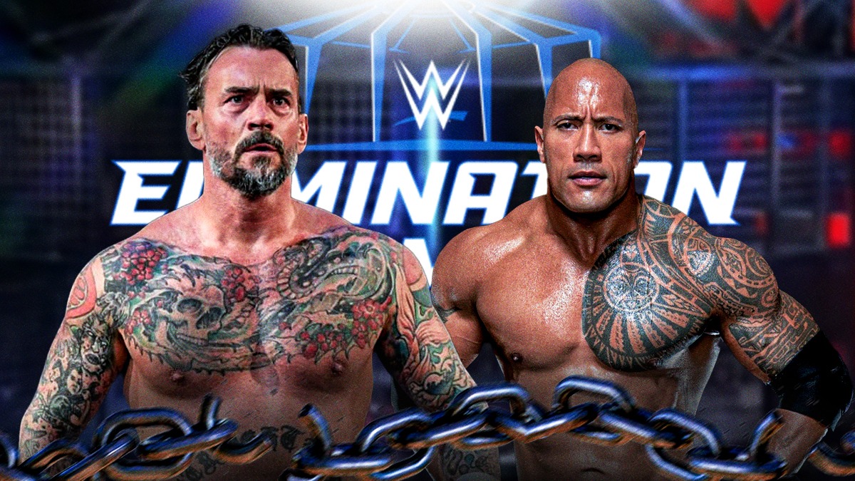 CM Punk next to The Rock in front of the Elimination Chamber logo