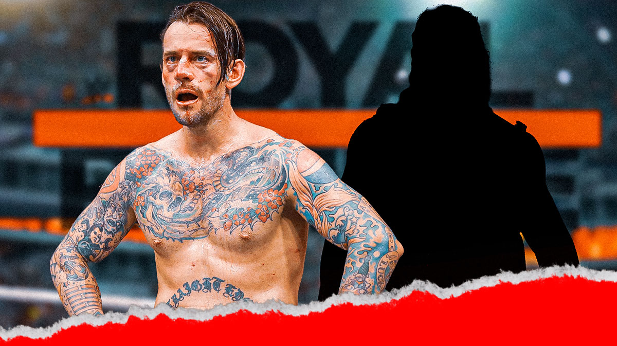 CM Punk next to the blacked-out silhouette of Roman Reigns with the Royal Rumble logo as the background.