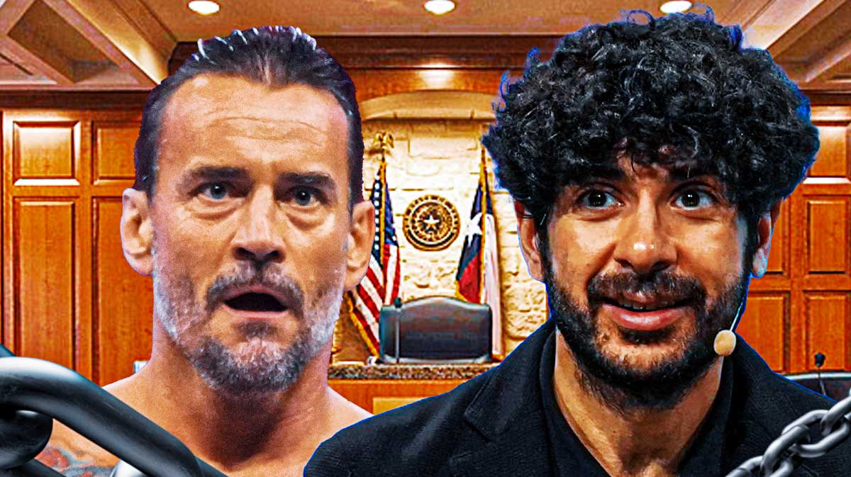 Former AEW star CM Punk and president Tony Khan, who are being sued by Ryan Nemeth, with courtroom background.
