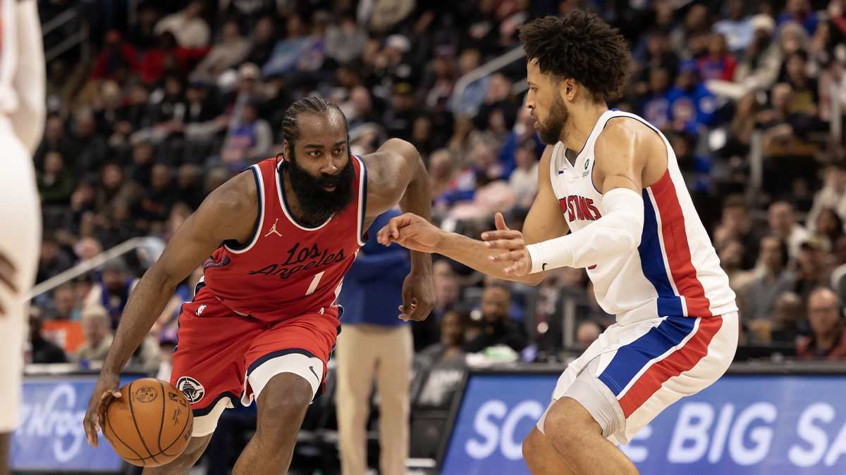 Detroit Pistons guard Cade Cunningham (2) defends against LA Clippers guard James Harden (1) during the second half at Little Caesars Arena.