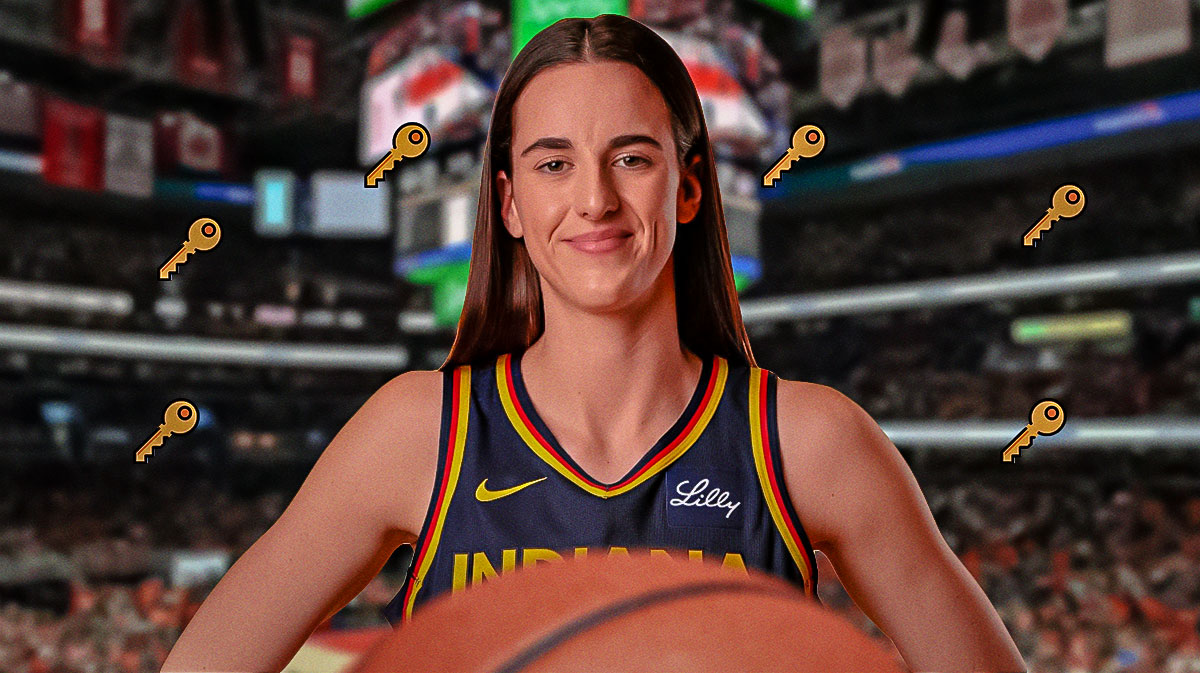 WNBA Indians Fever player Caitlin Clark, in a Fever jersey with a happy expression and a key emoji
