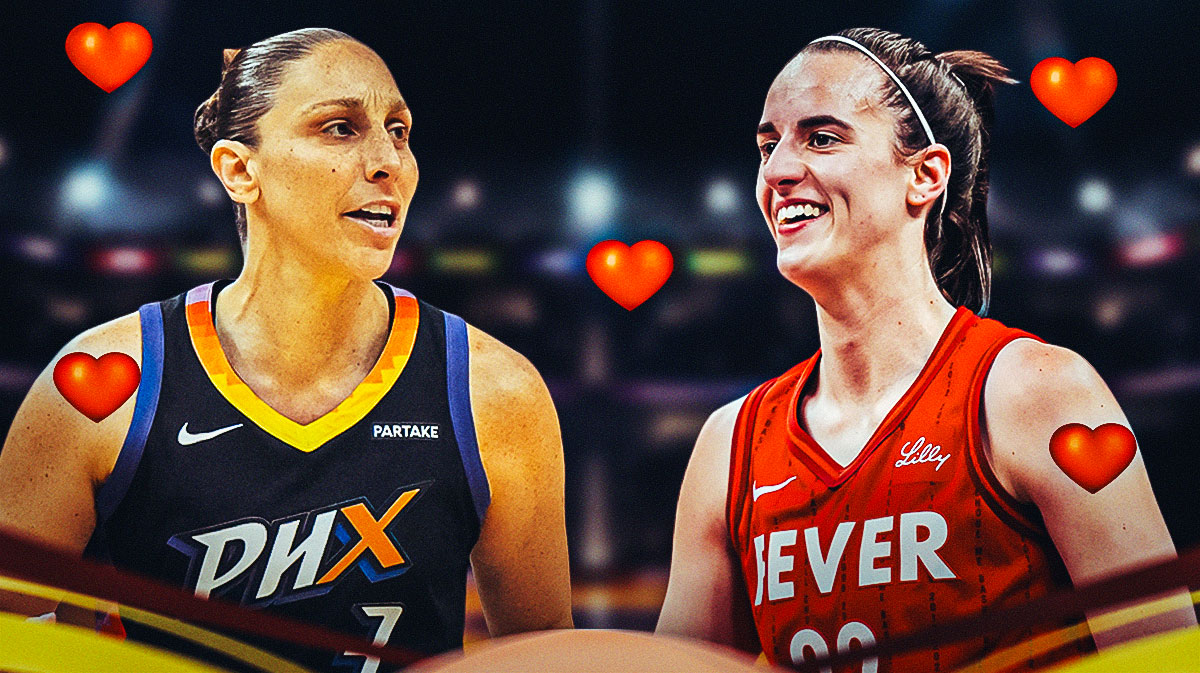 Caitlin Clark and Diana Taurasi laughing next to each other, with heart emojis around the photo.