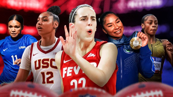 cut outs of Indians Fever player Caitlin Clark, USC women’s basketball player JuJu Watkins, women’s gymnast Jordan Chiles, Olympian Sha'Carri Richardson and US women’s soccer player Sophia Wilson (also known as Sophia Smith)