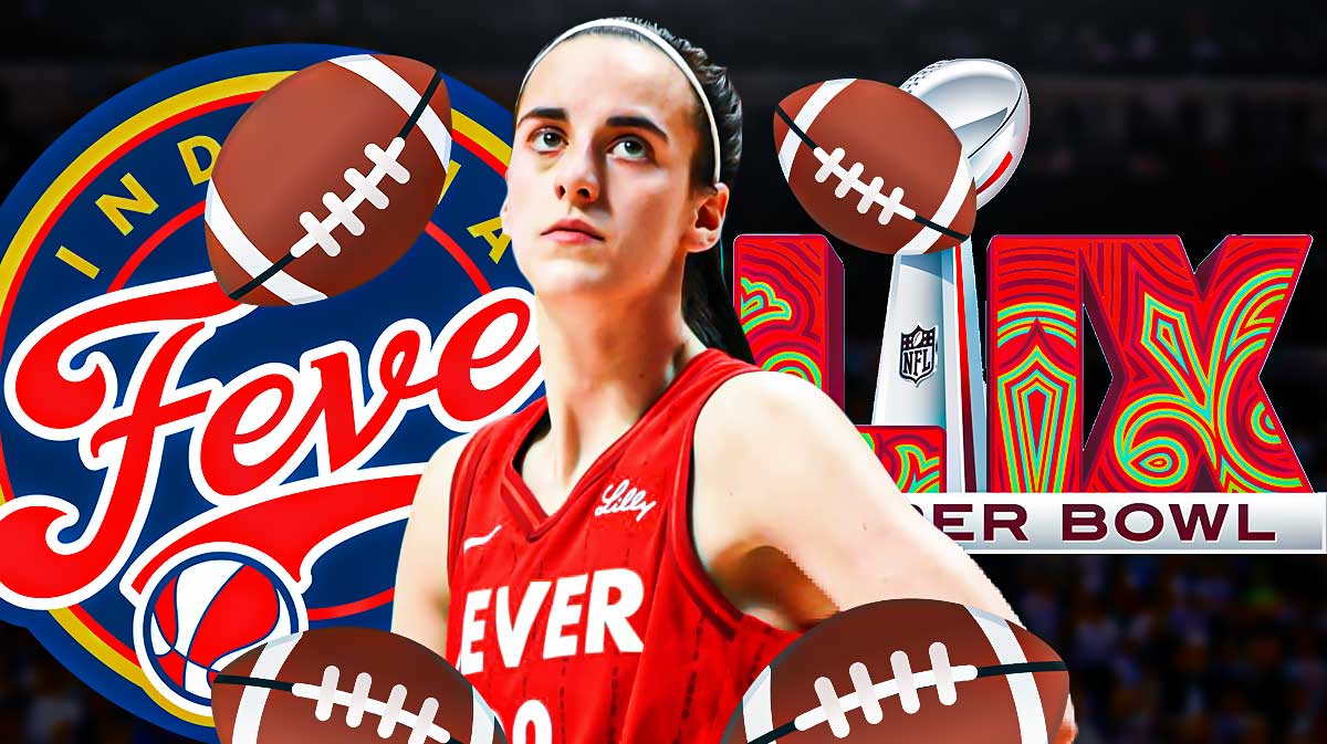 Indiana Fever guard Caitlin Clark surrounded by football emojis (🏈). There are also logos for the Indiana Fever and Super Bowl 59.